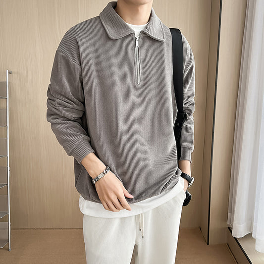 Half Zipper Polo Shirt Sweater Men's Polo Collar Stripes Thin Coat